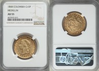 Estados Unidos gold 10 Pesos 1868 AU55 NGC, Medellin mint, KM141.2. A glimmering gold issue, light handling marks in the fields while a great deal of ...