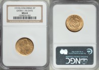Republic gold 5 Pesos 1919-A MS63 NGC, Medellin mint, KM201.1. An intriguing striking error with a die shift in the second 1 of the date producing the...