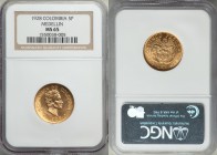 Republic gold 5 Pesos 1928 MS65 NGC, Medellin mint, KM204. 

HID09801242017