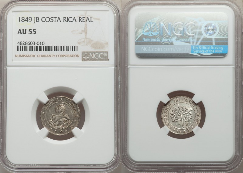 Republic Real 1849-JB AU55 NGC, San Jose mint, KM66. Scarce in this level of pre...