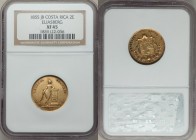 Republic gold 2 Escudos 1855-JB XF45 NGC, San Jose mint, KM99. Classically flatly struck on the Indian maiden, though a remarkable degree of detail su...