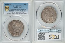 Republic Counterstamped 50 Centavos 1889 VF35 PCGS, KM135.2. Displaying Type VIII counterstamps (AU Detail) on a Colombian Medellin 5 Decimos 1877/4 (...