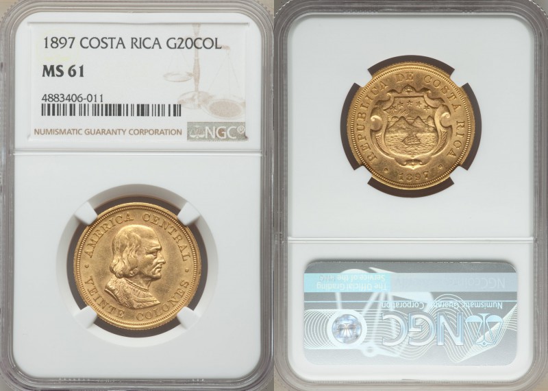 Republic gold 20 Colones 1897 MS61 NGC, San Jose mint, KM141. 

HID09801242017