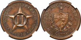 Republic bronze Pattern 2 Centavos 1915 MS62 Brown NGC, KM-PnC10. Moderately patinated with milk-chocolate brown tone and bluish iridescence in the le...