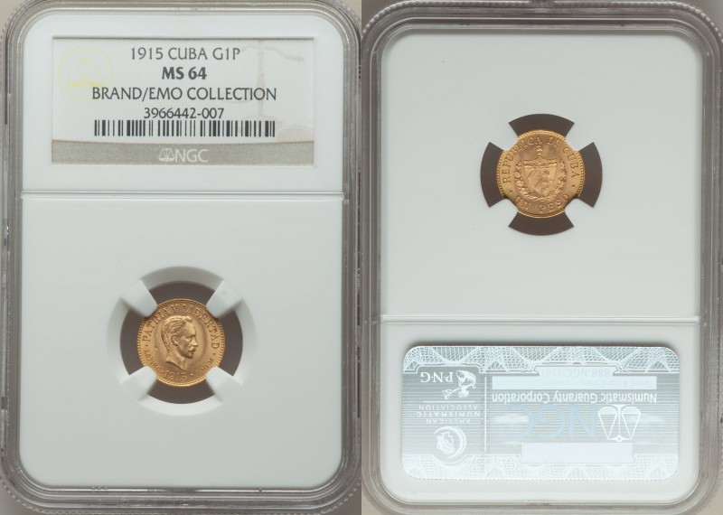 Republic gold Peso 1915 MS64 NGC, Philadelphia mint, KM16. Ex. Brand Collection ...