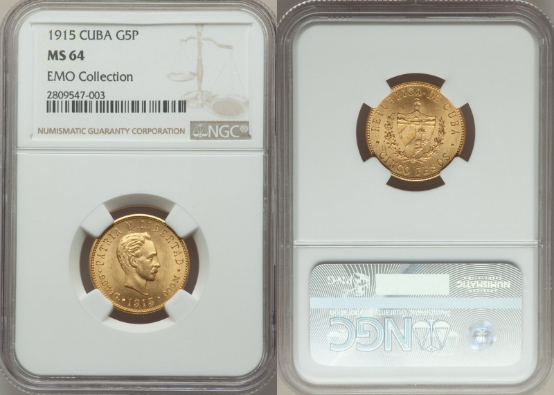 Republic gold 5 Pesos 1915 MS64 NGC, Philadelphia mint, KM19. AGW 0.2419 oz. Sel...