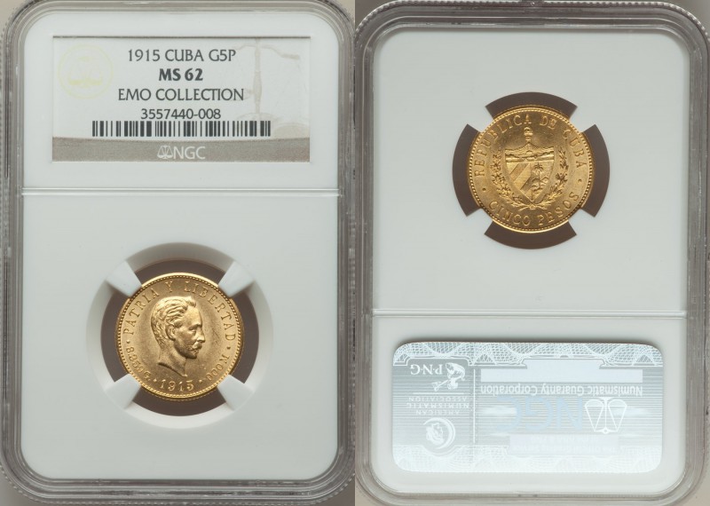 Republic gold 5 Pesos 1915 MS62 NGC, Philadelphia mint, KM19. AGW 0.2419 oz. Sel...