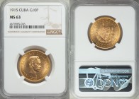Republic gold 10 Pesos 1915 MS63 NGC, Philadelphia mint, KM20. AGW 0.4837 oz. 

HID09801242017