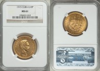 Republic gold 10 Pesos 1915 MS61 NGC, Philadelphia mint, KM20. AGW 0.4837 oz. 

HID09801242017