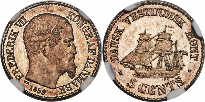 Danish Colony. Frederik VII Prooflike 5 Cents 1859 PL64 NGC, Copenhagen mint, KM...