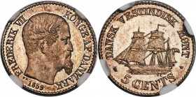 Danish Colony. Frederik VII Prooflike 5 Cents 1859 PL64 NGC, Copenhagen mint, KM65. Bust of Frederik VII right. Rev. Ship sailing to left. Definitely ...