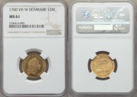 Frederik V gold 12 Mark 1760 VH-W MS61 NGC, Copenhagen mint, KM587.3. One of only 5 examples currently certified by NGC at the Mint State level, and h...