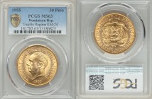 Republic gold 30 Pesos 1955 MS63 PCGS, KM24, Fr-1. AGW 0.8571 oz. Celebrating the 25th anniversary of the Trujillo regime. 

HID09801242017