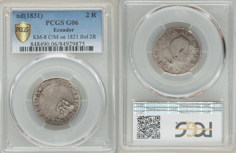 Republic Countermarked 2 Reales ND (1831) G06 PCGS, Quito mint, KM8. Displaying ...