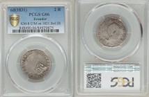 Republic Countermarked 2 Reales ND (1831) G06 PCGS, Quito mint, KM8. Displaying MDQ monogram countermark (for Moneda de Quito) on a Cundinamarca 2 Rea...