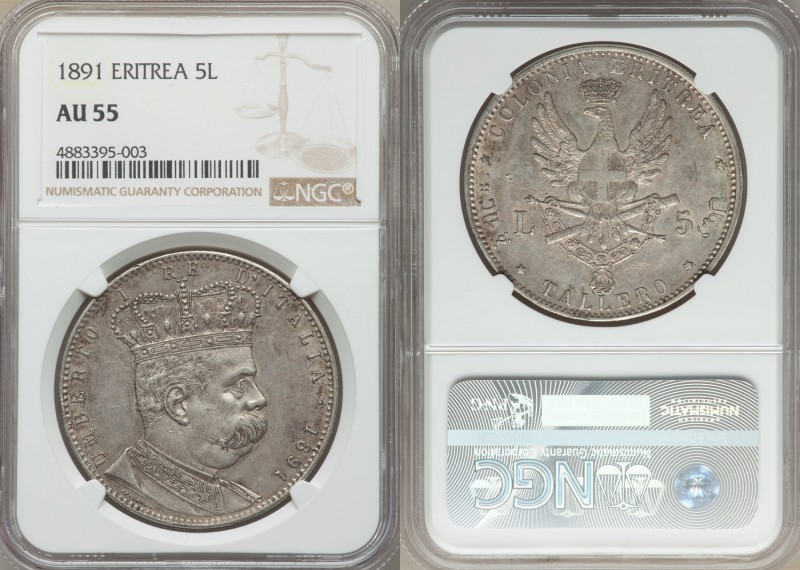 Italian Colony. Umberto I 5 Lire (Tallero) 1891 AU55 NGC, KM4. A strong striking...