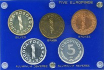 Europa 5-Piece Europino Proof Set 1952-HM, 1) Silver, cf. KM-X17. 2) Brass, KM-Unl. 3) Bronze, KM-Unl. 4) Uniface Obverse, Aluminum, KM-Unl. 5) Unifac...