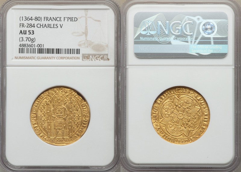 Charles V (1364-1380) gold Franc a Pied ND AU53 NGC, Fr-284, Dup-360A (annulet o...