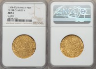 Charles V (1364-1380) gold Franc a Pied ND AU53 NGC, Fr-284, Dup-360A (annulet on pommel and in center of reverse). KΛROLVS ★ DI ★ GR | FRΛNCORV ★ RЄX...
