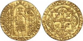 Charles V (1364-1380) gold Franc a Pied ND AU (cleaned), Uncertain mint, Fr-284, Dup-360. 3.75gm. KAROLVS x DI x GR | FRANCORV x RЄX, crowned, mantled...