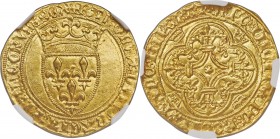 Charles VI (1380-1422) gold Ecu d'Or a la couronne ND MS63 NGC, St. Quentin mint (star in center of cross), 3.91gm, Fr-291. +KAROLVS: DЄI: GRACIA: FRA...