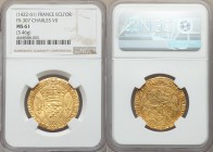 Charles VII (1422-1461) gold Ecu d'Or a la Couronne ND MS61 NGC, Montpellier mint (pellet under 4th letter), Fr-307, Dup-511. 3.46gm. +•KAROLVS ‡ DЄI ...