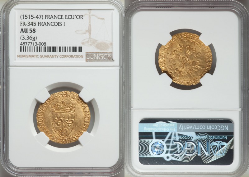 François I (1515-1547) gold Ecu d'Or au Soleil ND K AU58 NGC, Bordeaux mint (shi...