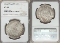 Louis XIV 1/2 Ecu 1696-X MS64 NGC, Amiens mint, KM295.22. Overstruck on an earlier 1691 type. Lightly toned with a bright silvery finish, the king's p...