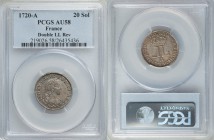 Louis XV 20 Sols 1720-A AU58 PCGS, Paris mint, KM453. A great survivor for this minor, teal-tinged steel surfaces well complemented by the notably hig...