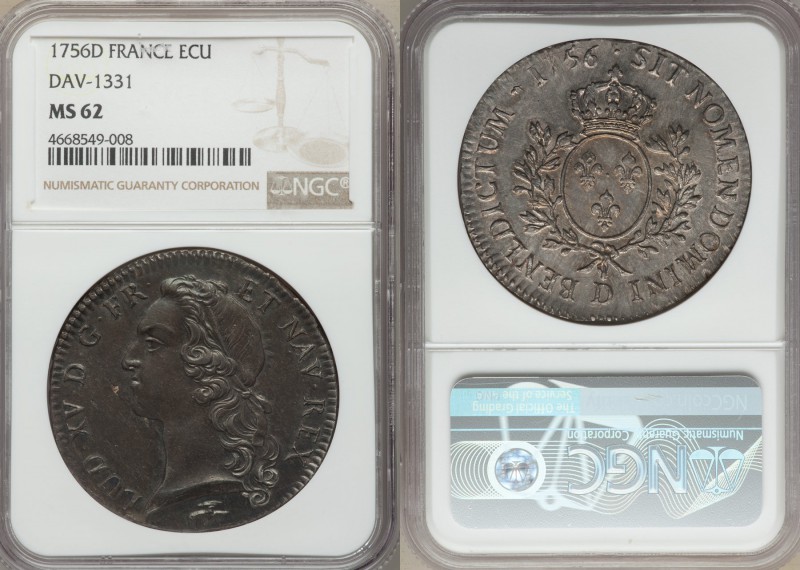 Louis XV Ecu 1756-D MS62 NGC, Lyon mint, KM512.6, Dav-1331. A spectacle of covet...