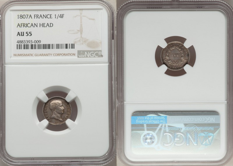 Napoleon 1/4 Franc 1807-A AU55 NGC, Paris mint, KM678.1. African head. Scarce as...