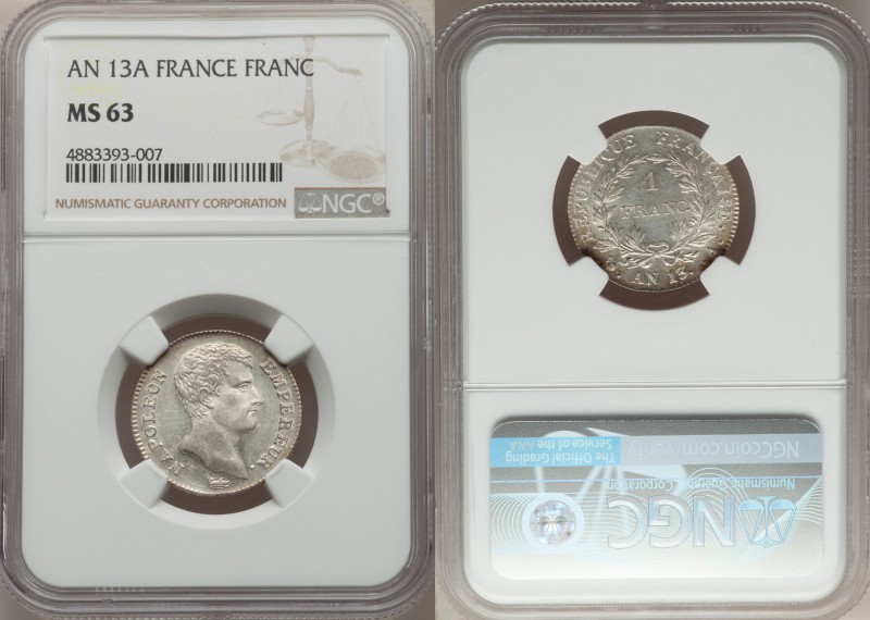 Napoleon Franc L'An 13 (1804/5)-A MS63 NGC, Paris mint, KM656.1. Brilliantly sil...