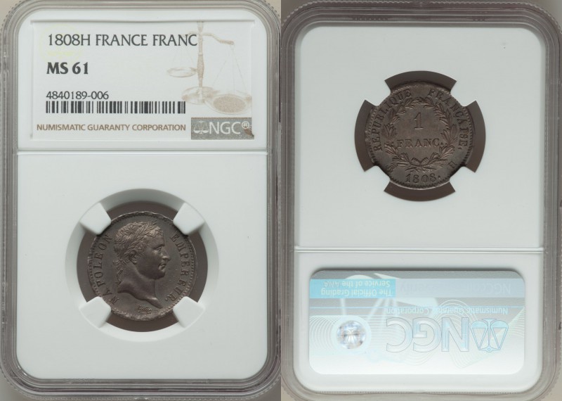 Napoleon Franc 1808-H MS61 NGC, La Rochelle mint, KM682.5. Nice deep toning with...