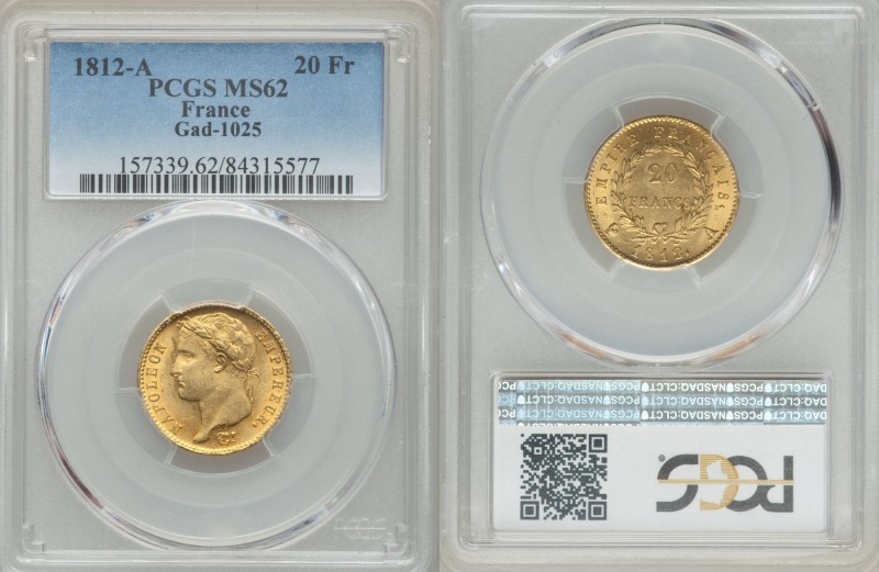 Napoleon gold 20 Francs 1812-A MS62 PCGS, Paris mint, KM695.1, Gad-1025. 

HID09...