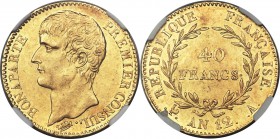 Napoleon gold 40 Francs L'An 12 (1803/1804)-A AU58 NGC, Paris mint, KM652. Friction in the fields confirms light circulation, but overall the specimen...