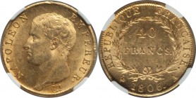 Napoleon gold 40 Francs 1806-A AU58 NGC, Paris mint, KM675.1. A sharp Napoleonic issue with exceptionally little wear and alluringly watery fields. Vi...