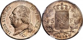 Louis XVIII 5 Francs 1824-W MS64 NGC, Paris mint, KM711.13. A superior coin with appealing old cabinet toning. One of the nicest we've seen of the typ...