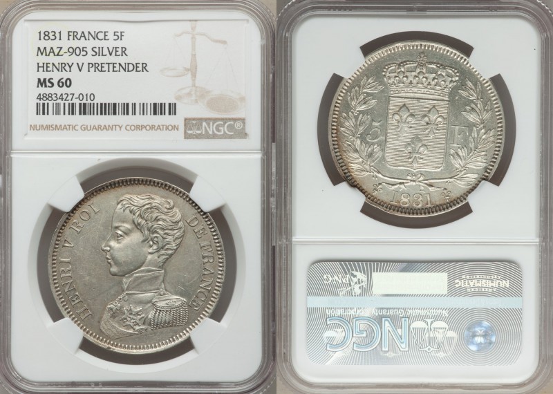 Henri V Pretender silver Essai 5 Francs 1831 MS60 NGC, Maz-905 (R2). A crisp str...