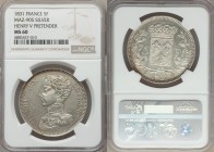Henri V Pretender silver Essai 5 Francs 1831 MS60 NGC, Maz-905 (R2). A crisp striking from this popular series, the lightest hints of frost detectable...
