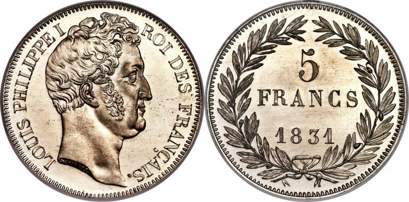 Louis Philippe I white metal Essai 5 Francs 1831 MS65 NGC, Maz-1075. A mirrored ...