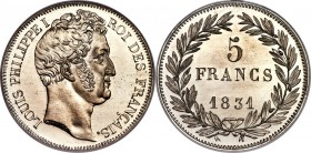 Louis Philippe I white metal Essai 5 Francs 1831 MS65 NGC, Maz-1075. A mirrored pattern showing heavy die polish lines indicative of the special prepa...