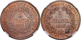 Republic bronze Essai Dual Reverse Mule 5 Francs 1848 MS64 Brown NGC, Paris mint, Maz-1265/1280. A decidedly scarce mule type combining the two revers...