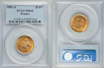 Republic gold 20 Francs 1851-A MS64 PCGS, Paris mint, KM762.

HID09801242017