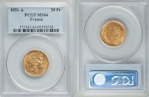 Republic gold 20 Francs 1851-A MS64 PCGS, Paris mint, KM762.

HID09801242017