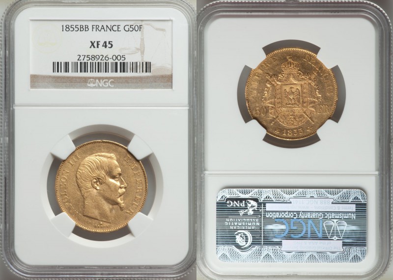 Napoleon III gold 50 Francs 1855-BB XF45 NGC, Strasbourg mint, KM785.2. AGW 0.46...