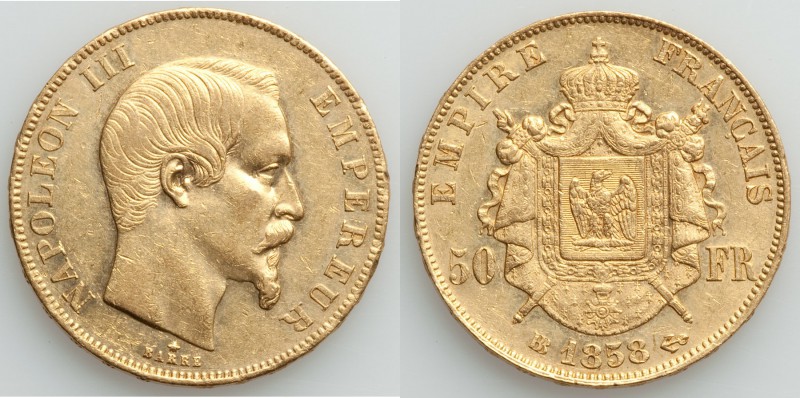 Napoleon III gold 50 Francs 1858-BB Good XF (light surface hairlines), Strasbour...