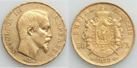 Napoleon III gold 50 Francs 1858-BB Good XF (light surface hairlines), Strasbourg mint, KM785.2. AGW 0.4667 oz. 

HID09801242017