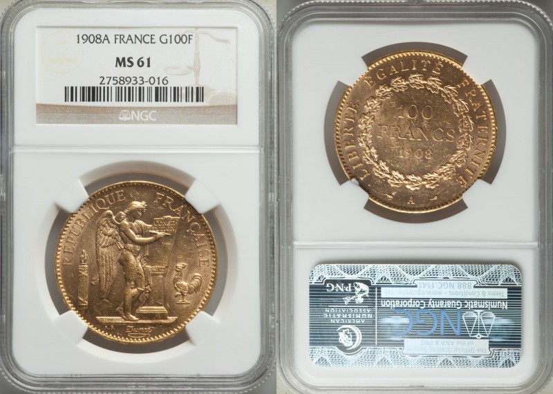 Republic gold 100 Francs 1908-A MS61 NGC, Paris mint, KM858. AGW 0.9334 oz.

HID...