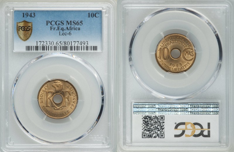 French Colony 10 Centimes 1943 MS65 PCGS, KM4, Lec-6. A brassy gem with subtle c...