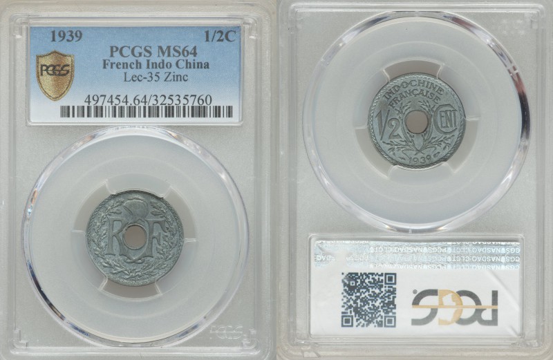 French Colony 1/2 Cent 1939-(a) MS64 PCGS, Paris mint, KM20a. Zinc issue. The sc...